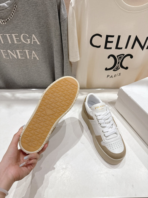 Prada 25s Platform Sneakers White Beige Calfskin And Suede 535494