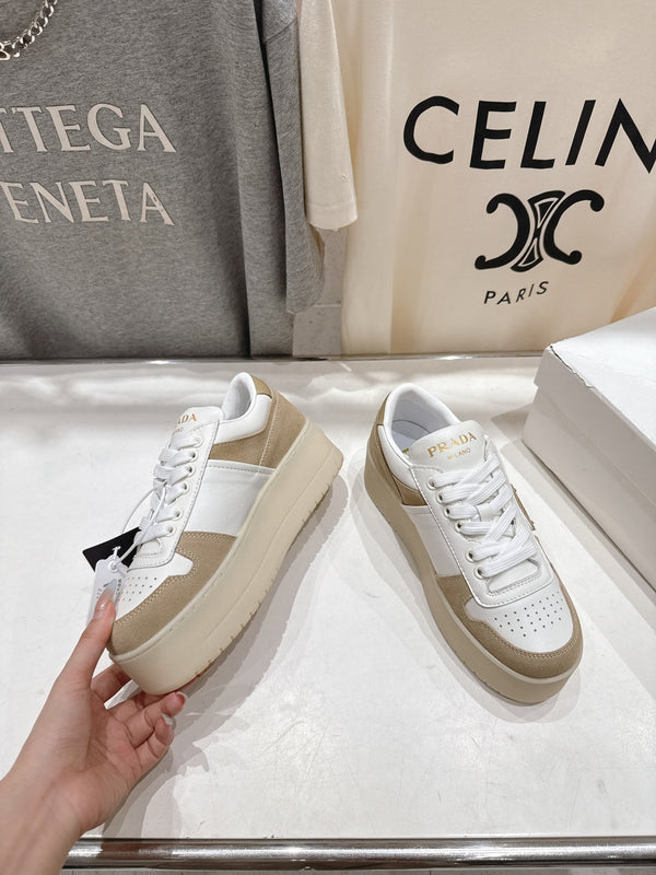 Prada 25s Platform Sneakers White Beige Calfskin And Suede 535494