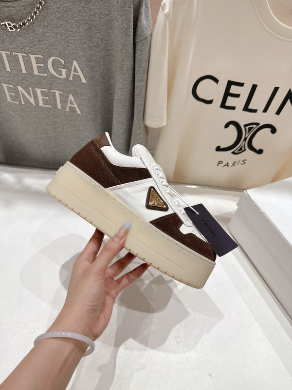 Prada 25s Platform Sneakers White Brown Calfskin And Suede 535495