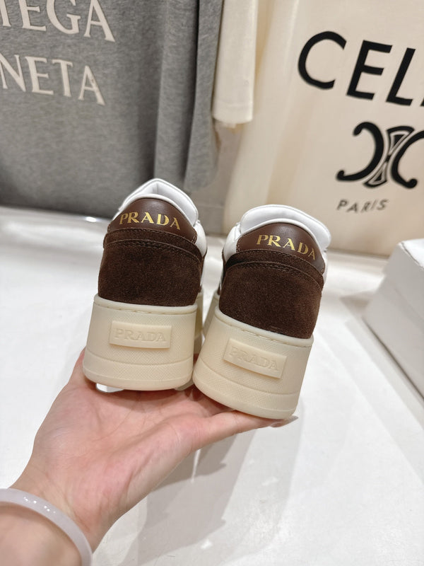 Prada 25s Platform Sneakers White Brown Calfskin And Suede 535495