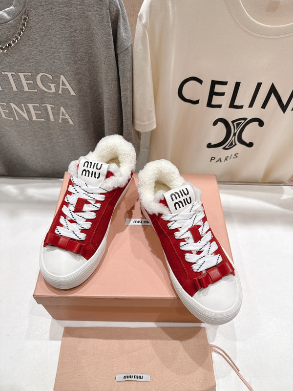 MiuMiu 25 Sneaker Red White Suede Cowhide Fur 535585