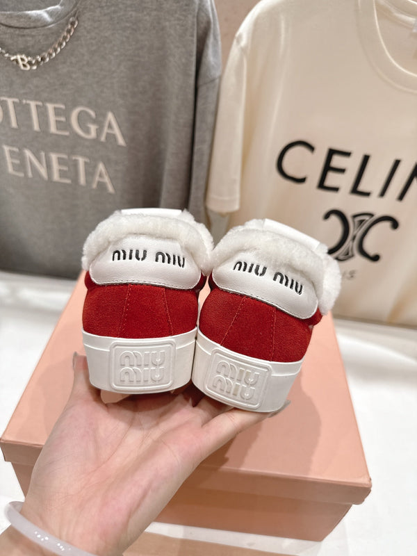 MiuMiu 25 Sneaker Red White Suede Cowhide Fur 535585