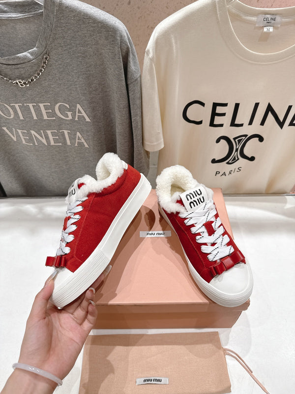 MiuMiu 25 Sneaker Red White Suede Cowhide Fur 535585