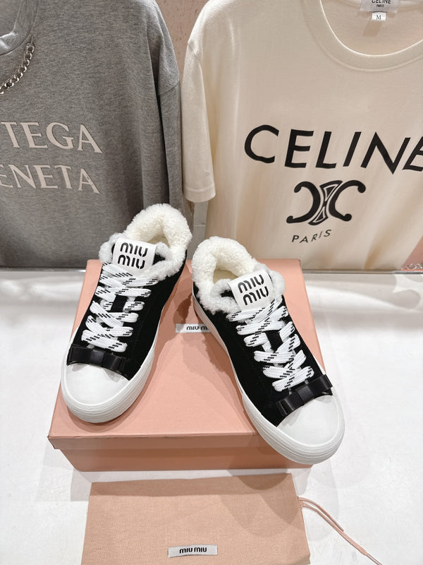 MiuMiu 25 Sneaker Black White Suede Cowhide Fur 535586