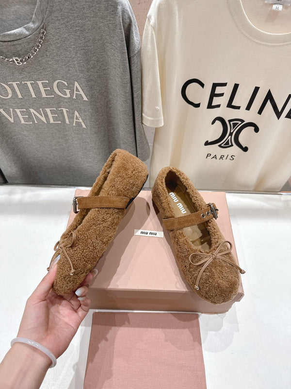 MiuMiu 25 Ballet Flat Brown Lambskin Wool 535593