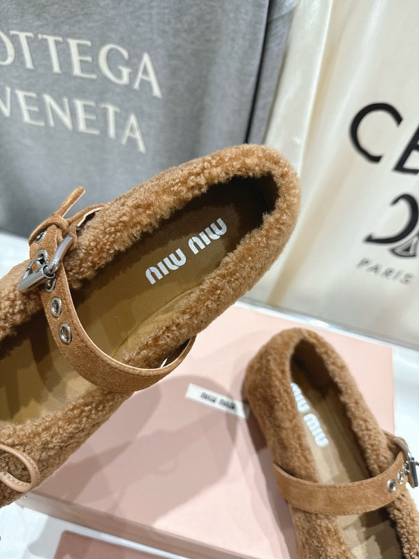 MiuMiu 25 Ballet Flat Brown Lambskin Wool 535593