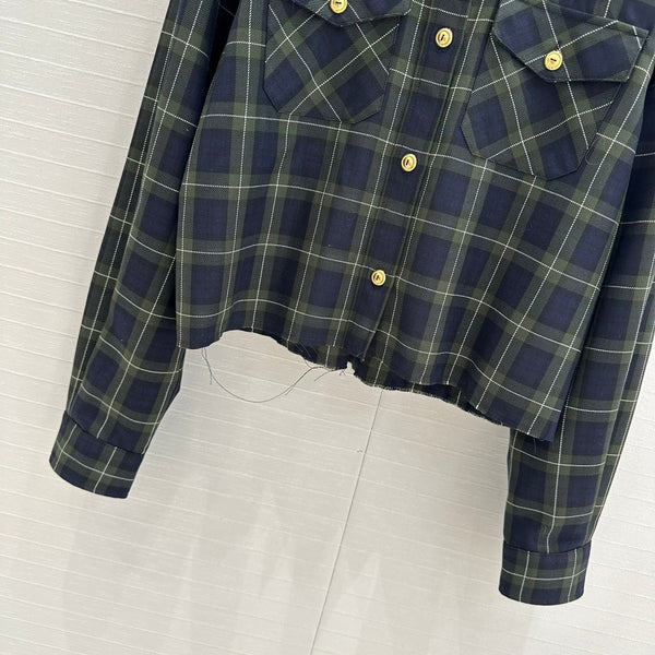 Camicia corta a quadri Miu Miu in lana verde blu