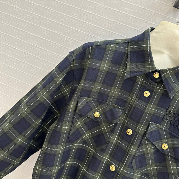 Camicia corta a quadri Miu Miu in lana verde blu