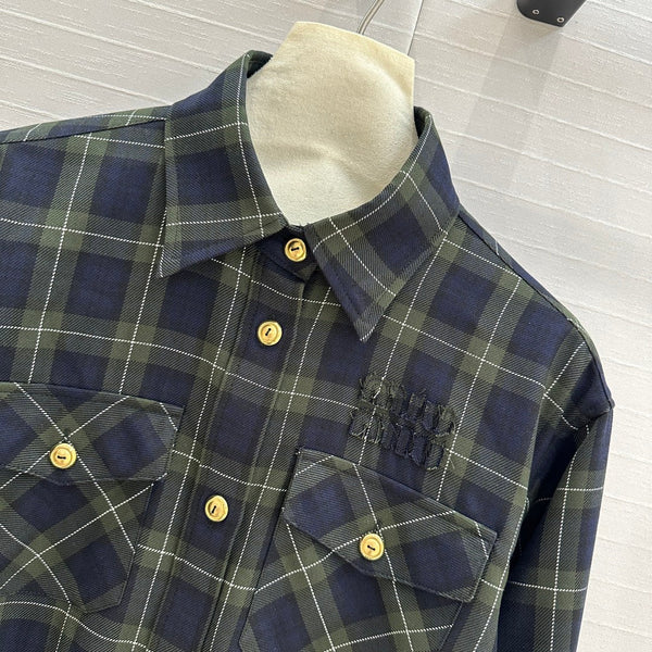 Camicia corta a quadri Miu Miu in lana verde blu