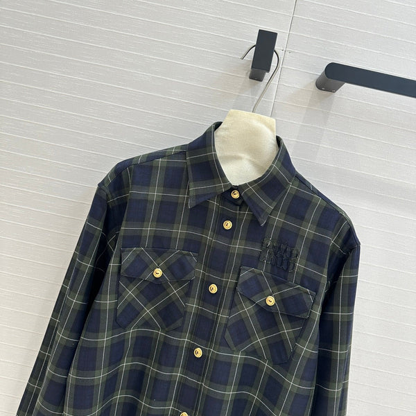 Camicia corta a quadri Miu Miu in lana verde blu