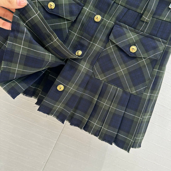 Miu Miu Plaid Pleated Skirt Green Blue Wool