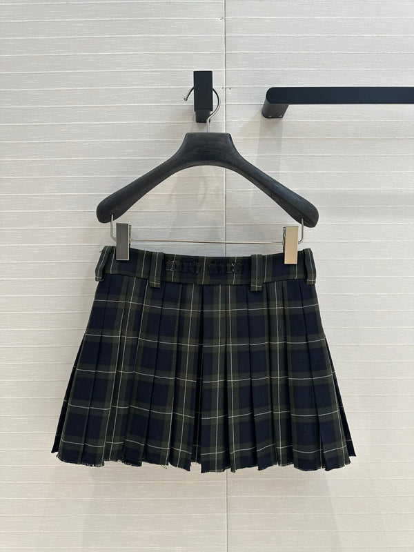 Miu Miu Plaid Pleated Skirt Green Blue Wool