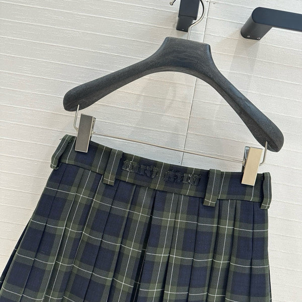 Miu Miu Plaid Pleated Skirt Green Blue Wool