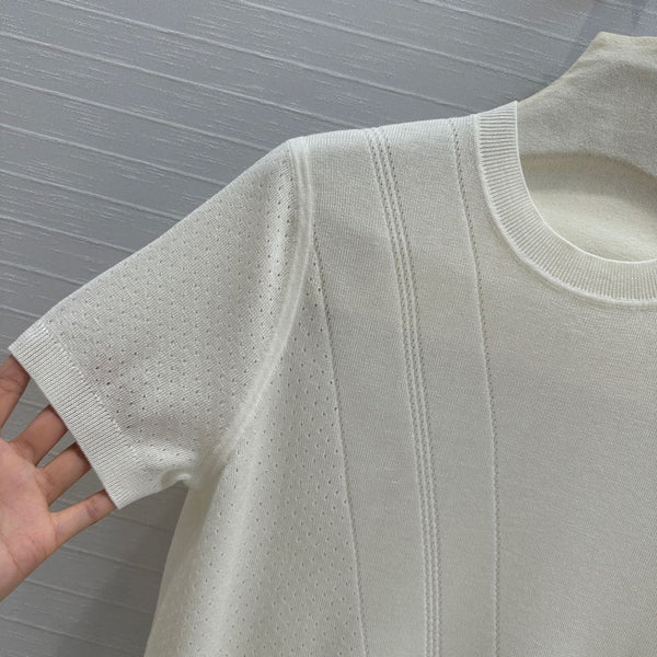 Hm 25 Hollow Knit Short-Sleeve Top White Tencel Cotton