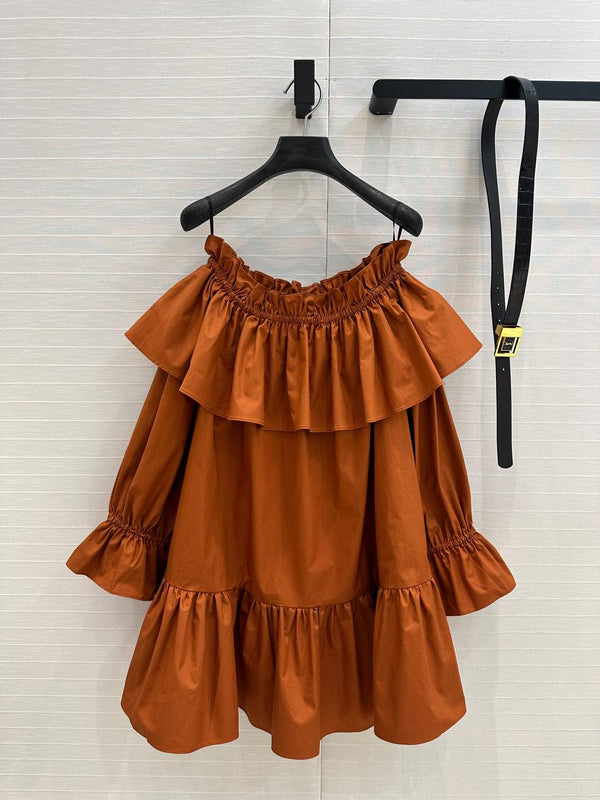 YSL One-shoulder Drawstring Puff Sleeve Dress Caramel Cotton