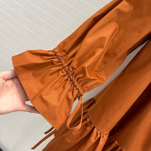 YSL Abito monospalla con coulisse e maniche a sbuffo in cotone caramello