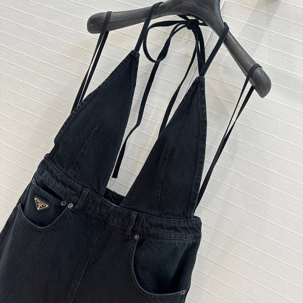 Prada 25 Halter Ntube Top Suspender Jumpsuit Black Cotton