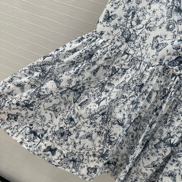 CD 2025 Butterfly Printed Long Skirt White mix Navy Blue Cotton