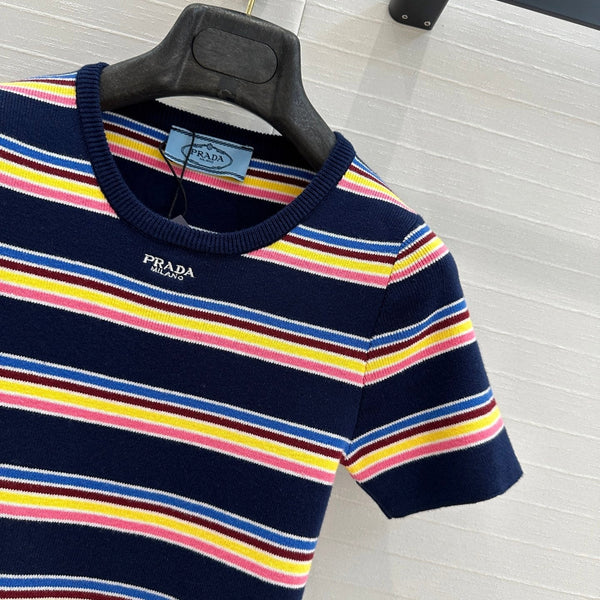 Prada 2025 Striped T-shirt Navy Blue mix colors Cotton