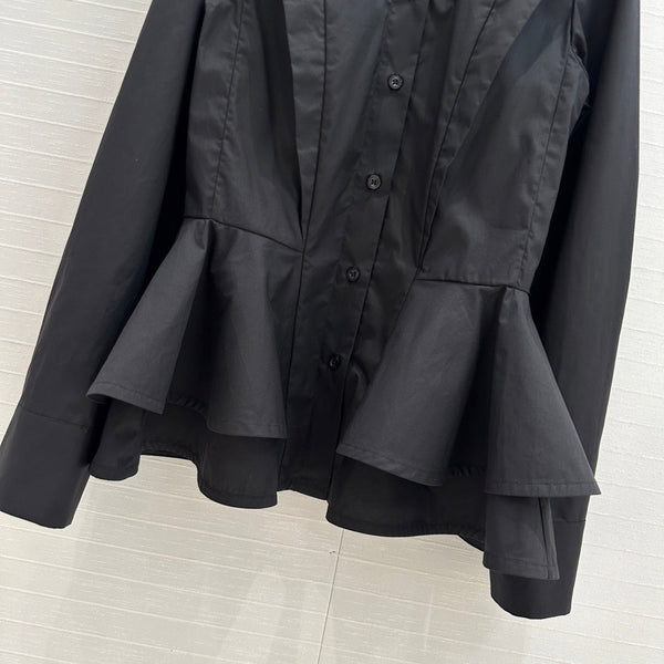 LV 25 Pleated Waist Round Neck Shirt Black Cotton