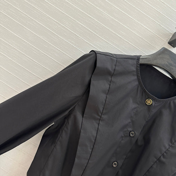 LV 25 Pleated Waist Round Neck Shirt Black Cotton