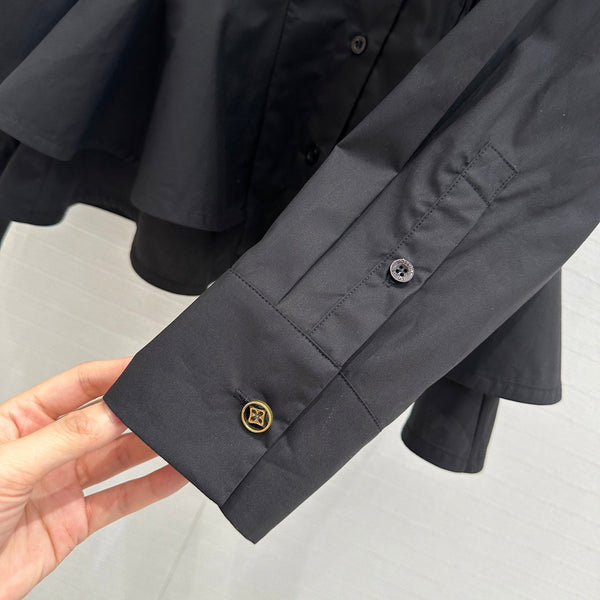 LV 25 Pleated Waist Round Neck Shirt Black Cotton