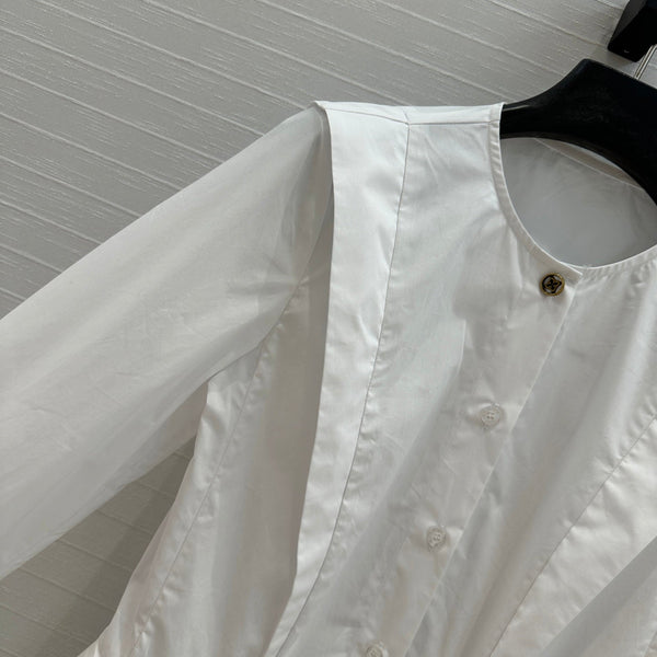 LV 25 Pleated Waist Round Neck Shirt White Cotton