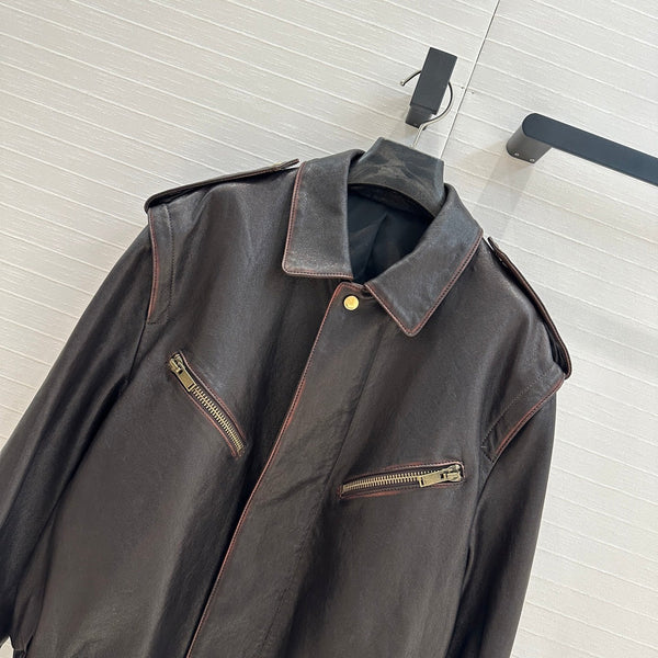 Giacca YSL con spalle ad angolo retto in pelle di agnello nera e marrone