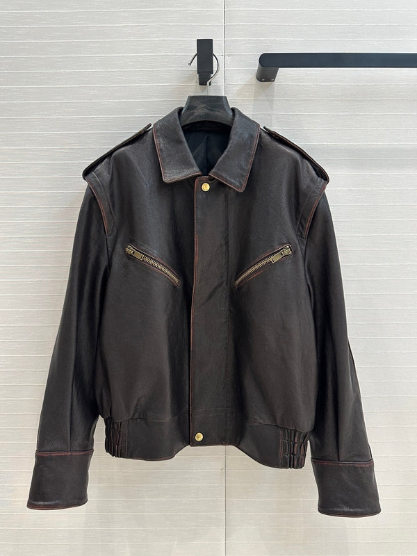 YSL Right-angle Shoulder Silhouette Jacket Black Brown Lambskin