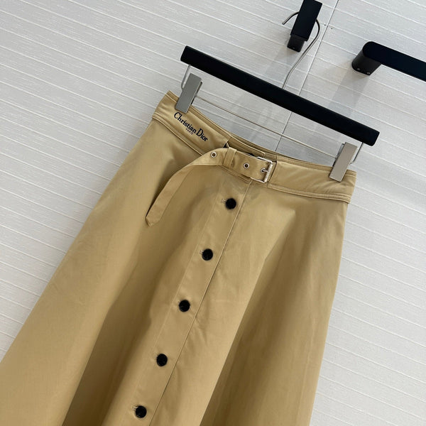 CD 25 Belted Single-breasted Long Skirt Khaki Cotton