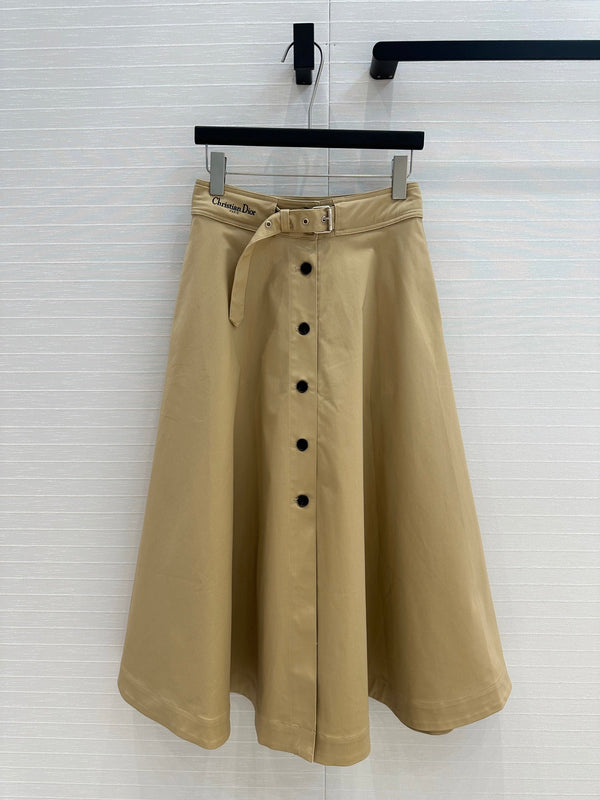 CD 25 Belted Single-breasted Long Skirt Khaki Cotton