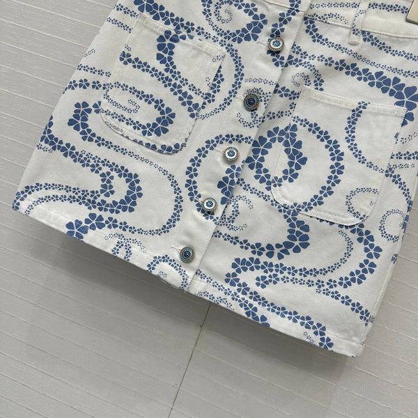 CC 25 Printed Denim Single-breasted Short Skirt Blue White Cotton
