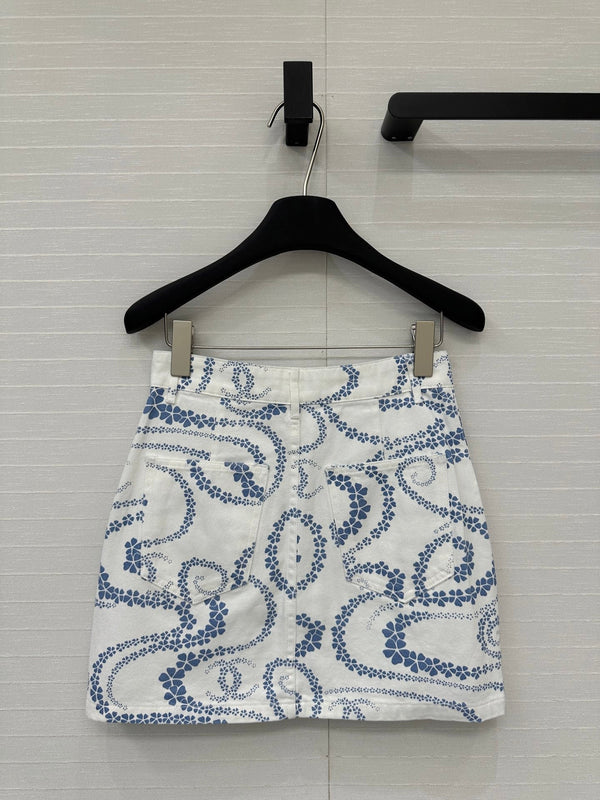 CC 25 Printed Denim Single-breasted Short Skirt Blue White Cotton