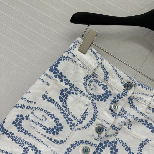 CC 25 Printed Denim Single-breasted Short Skirt Blue White Cotton