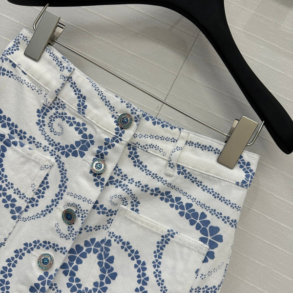 CC 25 Printed Denim Single-breasted Short Skirt Blue White Cotton