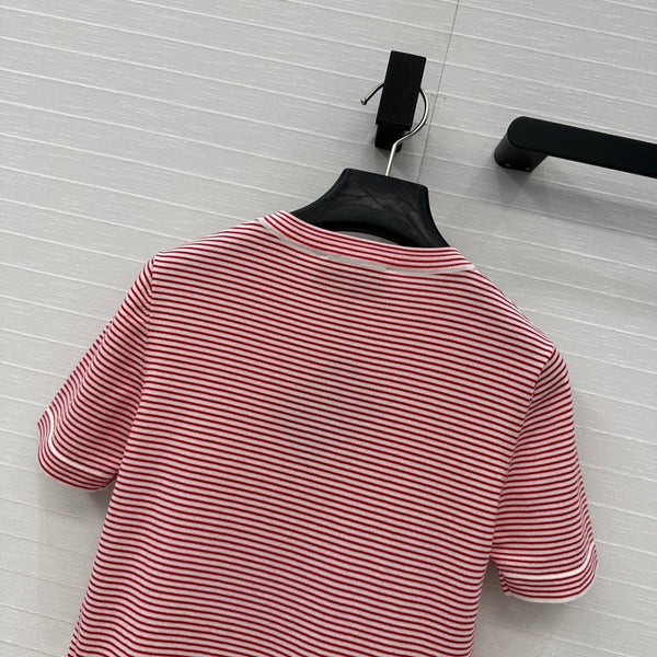 Top in maglia a maniche corte a righe Prada 25 in cotone rosso