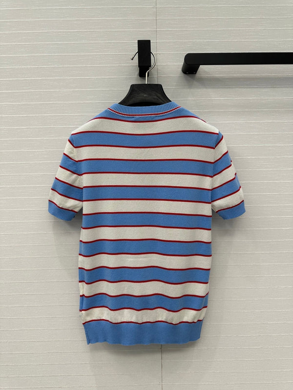 Prada 25 Striped Short-sleeved Knitted Top Blue white red Cotton
