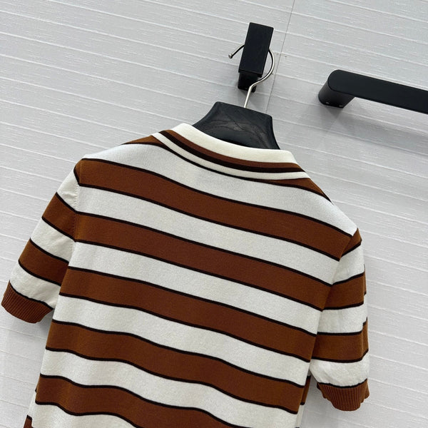 Cardigan lavorato a maglia a maniche corte a righe Prada 25 in cotone marrone bianco