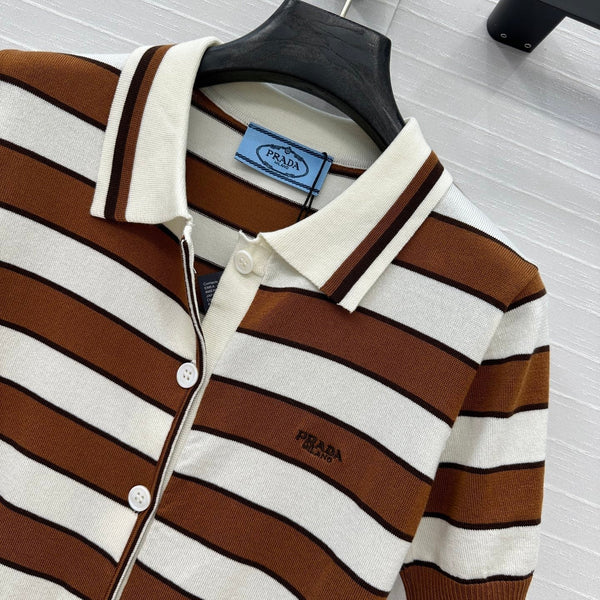 Cardigan lavorato a maglia a maniche corte a righe Prada 25 in cotone marrone bianco