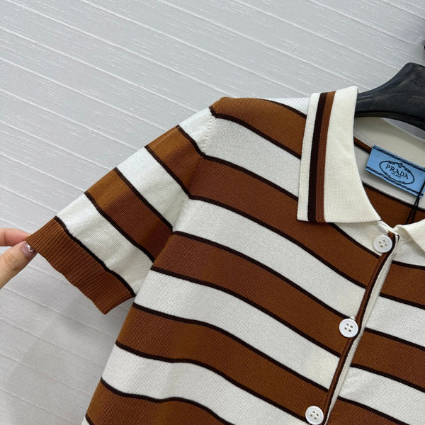 Cardigan lavorato a maglia a maniche corte a righe Prada 25 in cotone marrone bianco