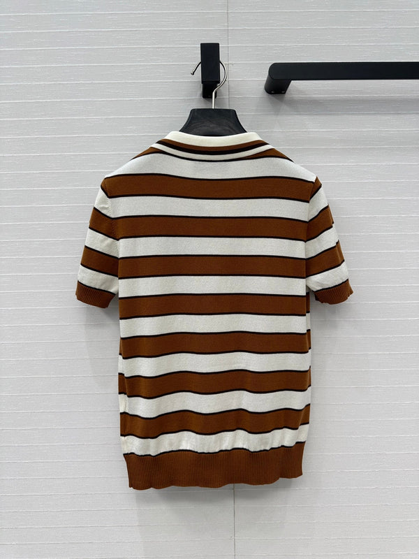 Cardigan lavorato a maglia a maniche corte a righe Prada 25 in cotone marrone bianco