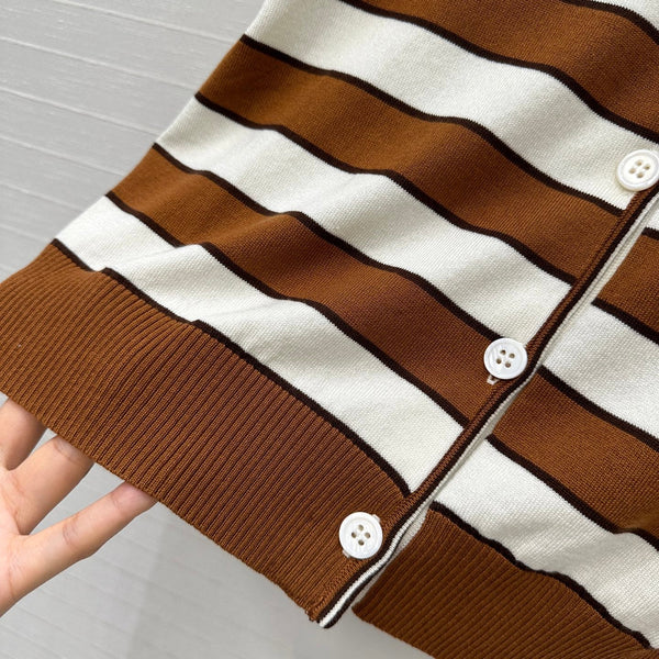 Cardigan lavorato a maglia a maniche corte a righe Prada 25 in cotone marrone bianco