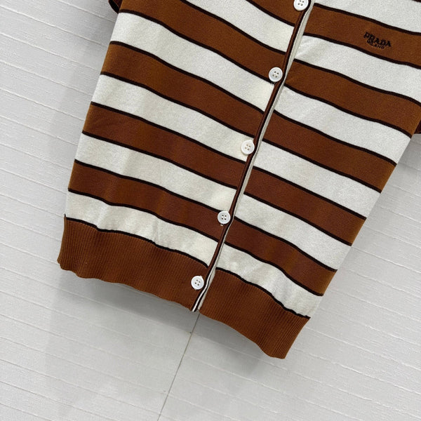 Cardigan lavorato a maglia a maniche corte a righe Prada 25 in cotone marrone bianco