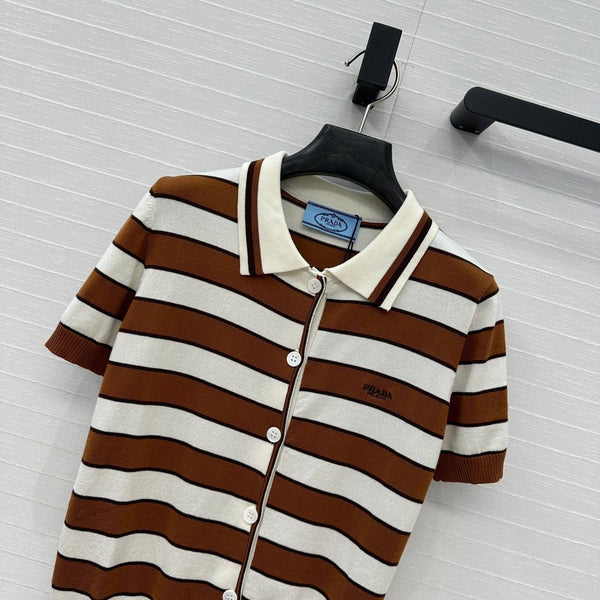 Cardigan lavorato a maglia a maniche corte a righe Prada 25 in cotone marrone bianco