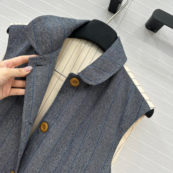 Prada 25 Striped Vest Jacket Grey Wool Cotton Polyester