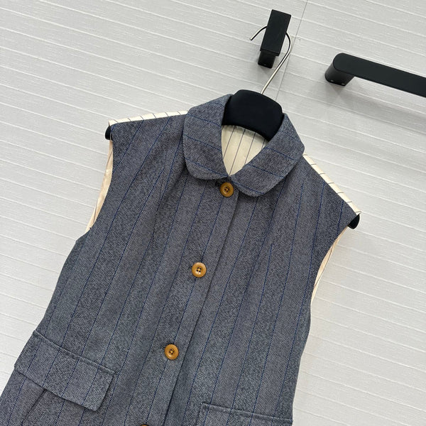 Prada 25 Striped Vest Jacket Grey Wool Cotton Polyester