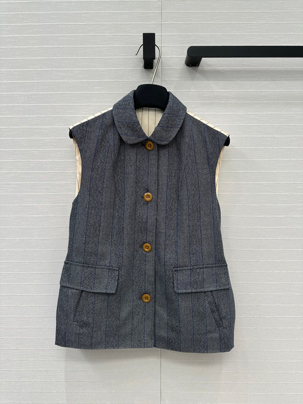 Prada 25 Striped Vest Jacket Grey Wool Cotton Polyester