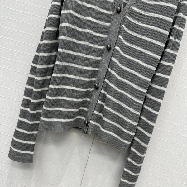 CD 25 Striped Cardigan Gray mix White Linen Cashmere