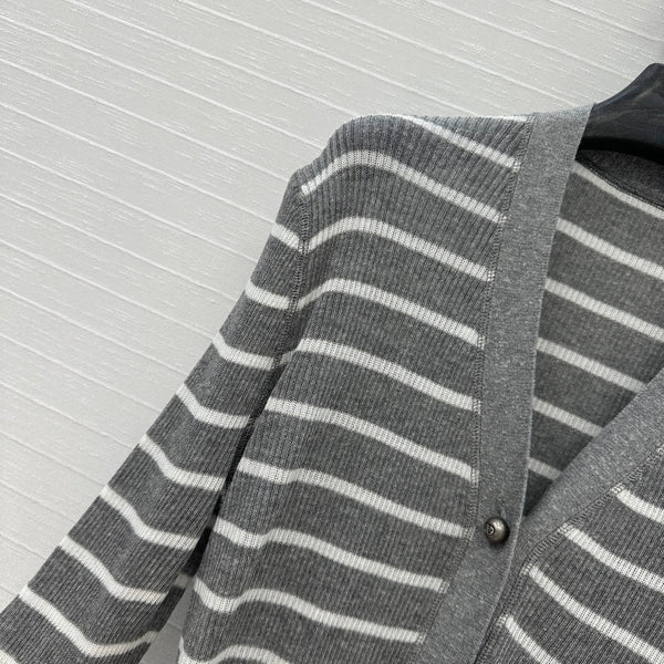 CD 25 Striped Cardigan Gray mix White Linen Cashmere