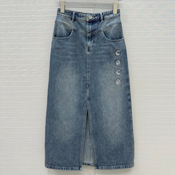 Gonna midi ricamata CC 25 in denim blu e cotone